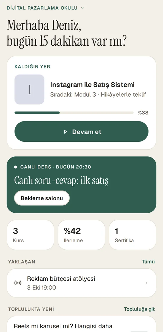 Bilgi Ticareti mobil uygulaması: Öğrenme ekranı (örnek veriler)