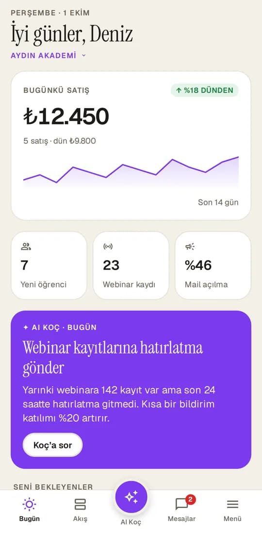 Bilgi Ticareti mobil uygulaması: Okulum ekranı (örnek veriler)