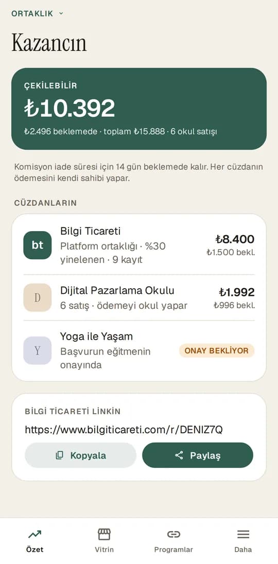 Bilgi Ticareti mobil uygulaması: Ortaklık ekranı (örnek veriler)